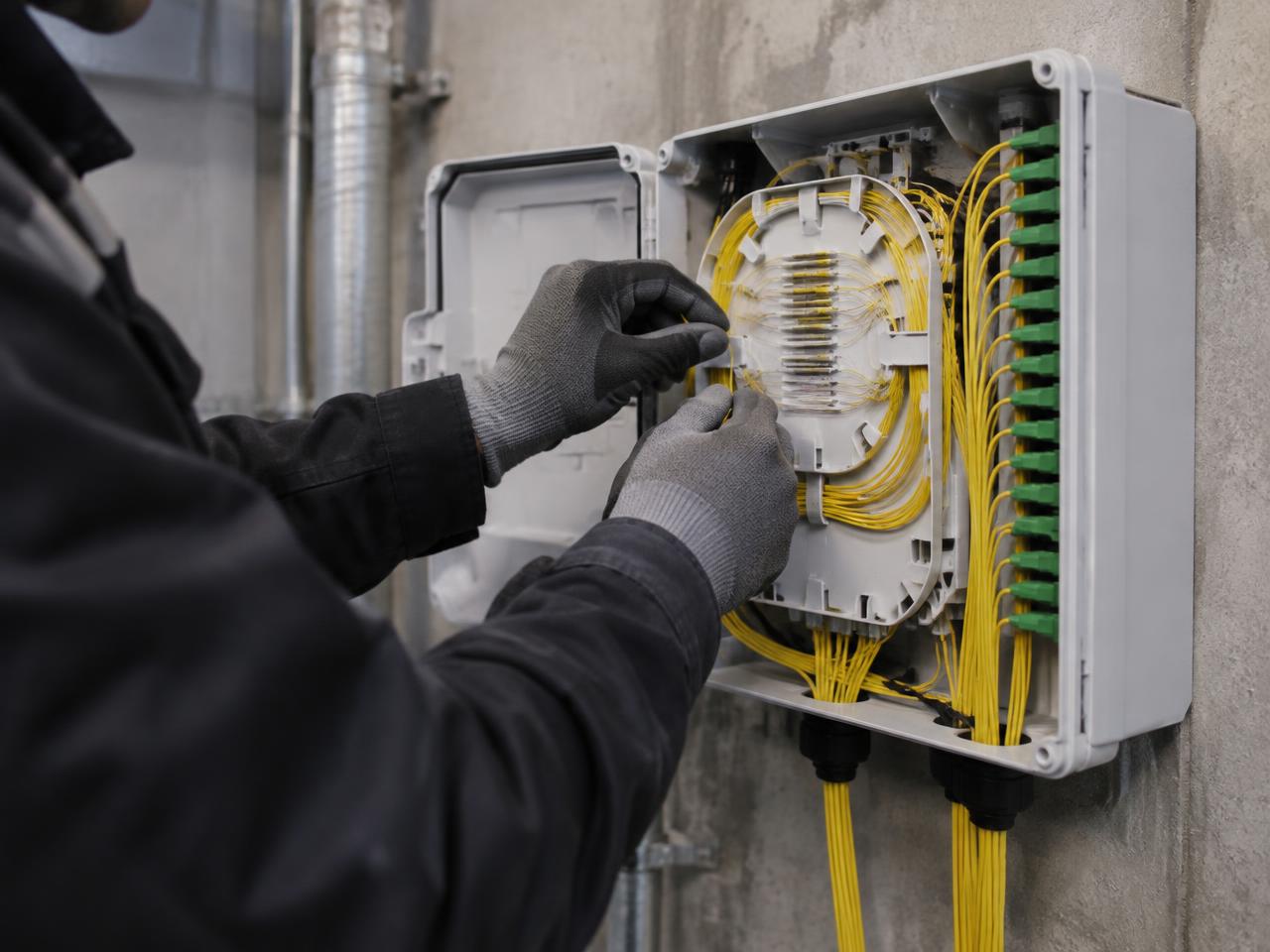 Techniker bei der Messung und Montage eines Glasfaseranschlusses